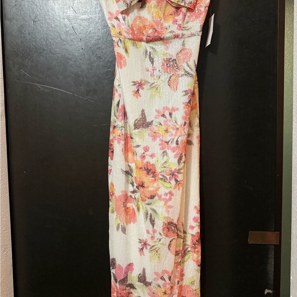 CeCe Cream and Orange Strapless Sheath Dress